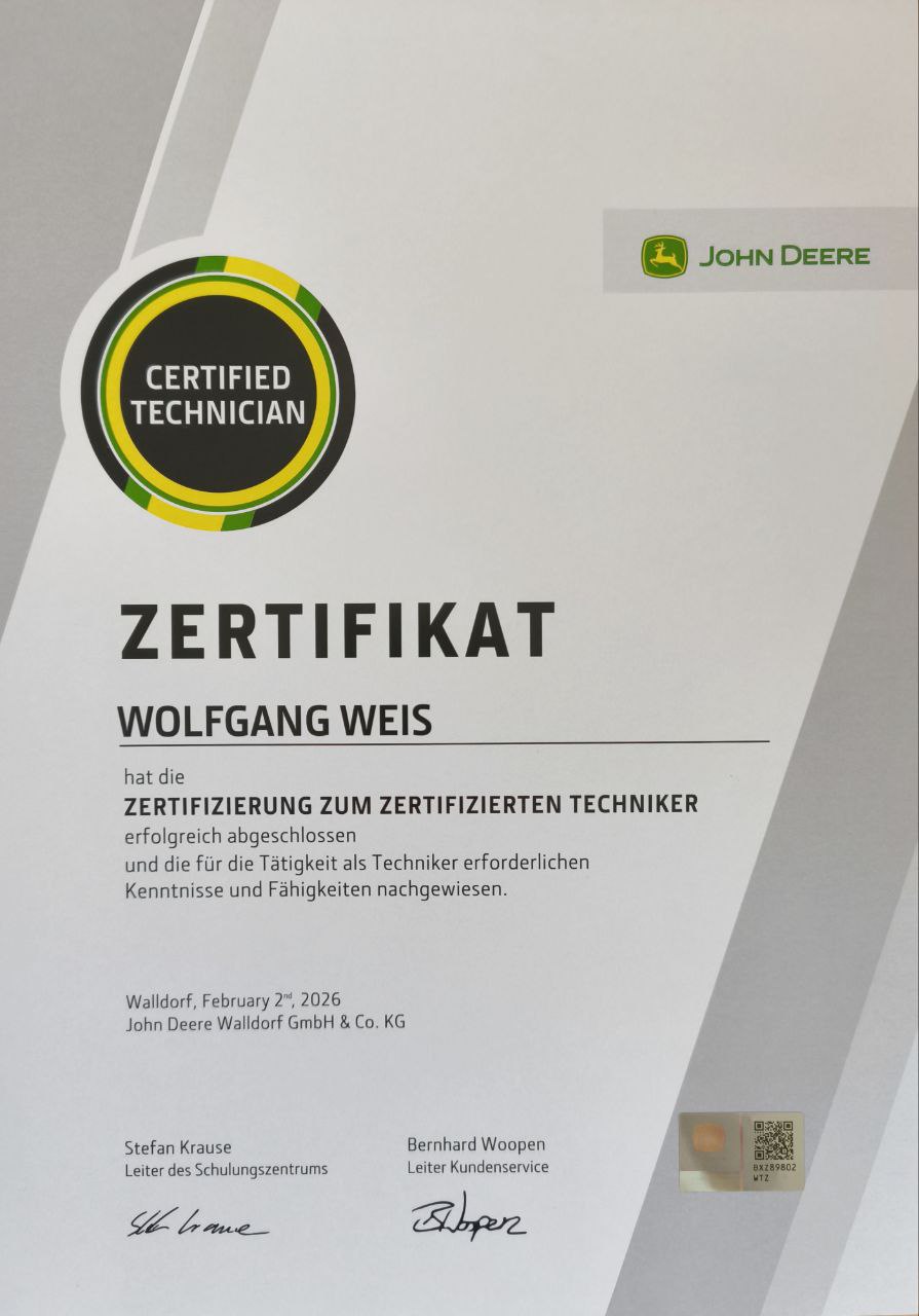 John Deere Zertifikat Tech Fischer Landmaschinen